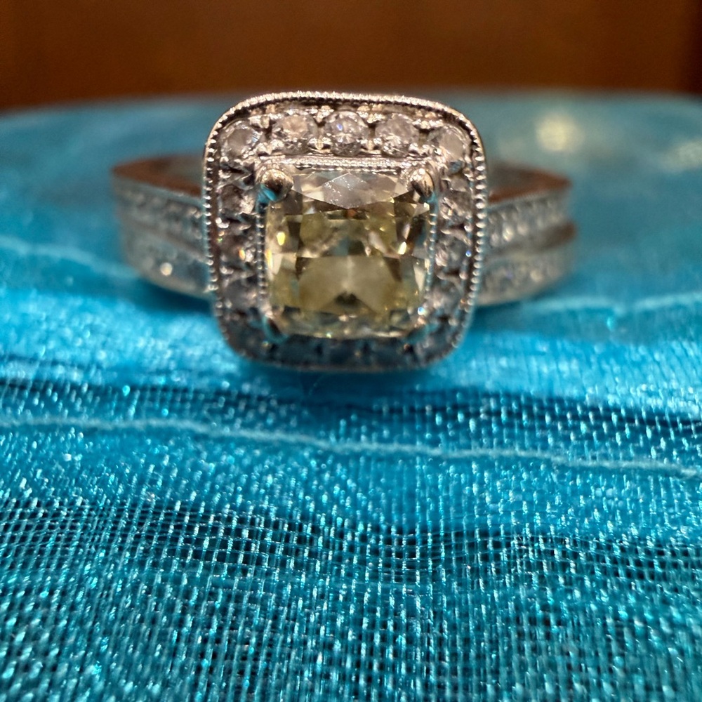 Cushion Cut Natural Yellow Diamond with Halo in 14k White Gold & Wedding Band